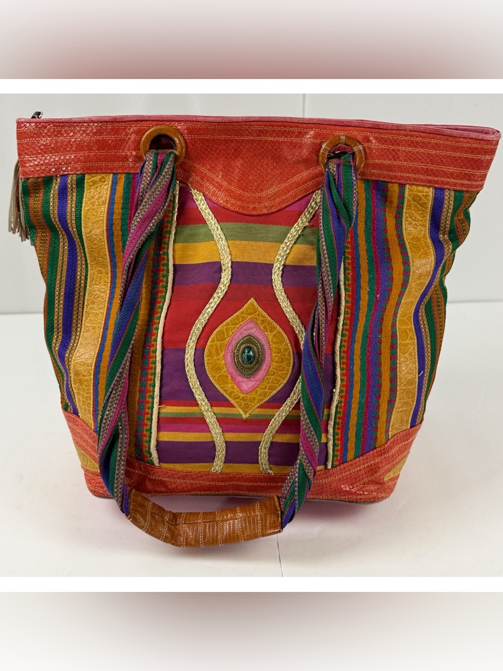 Sharif Vintage Vibrent Multicolor Patchwork Tote Bag Boho Hippie